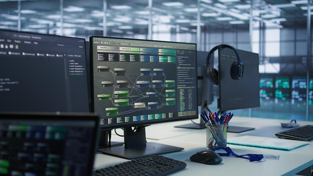 Developer workstation with code running across multiple monitors