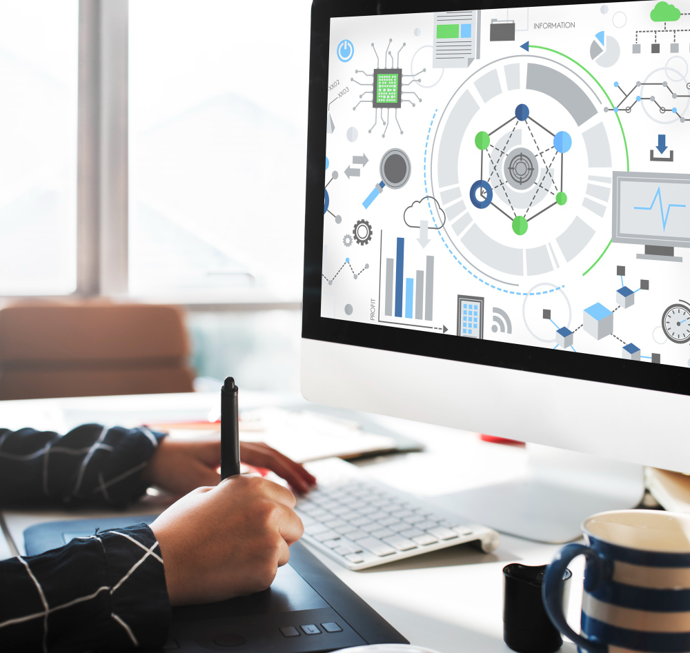 Consultant reviewing a business analytics dashboard on a desktop screen