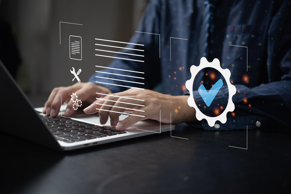 Developer working on a laptop with quality and security checks